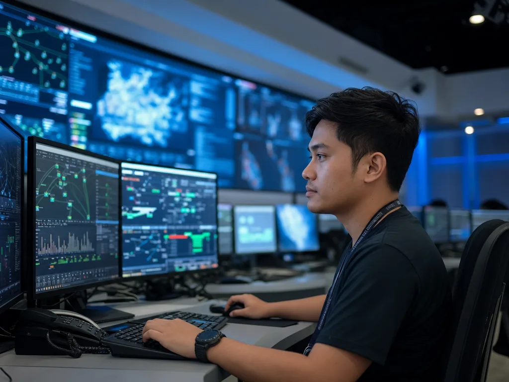 Engineer Mino memantau jaringan di network operations center
