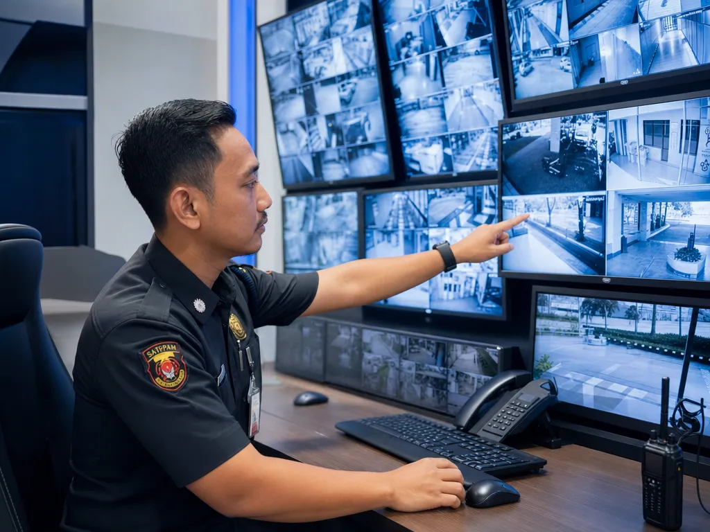 Pemantauan CCTV multi-kamera di ruang monitoring