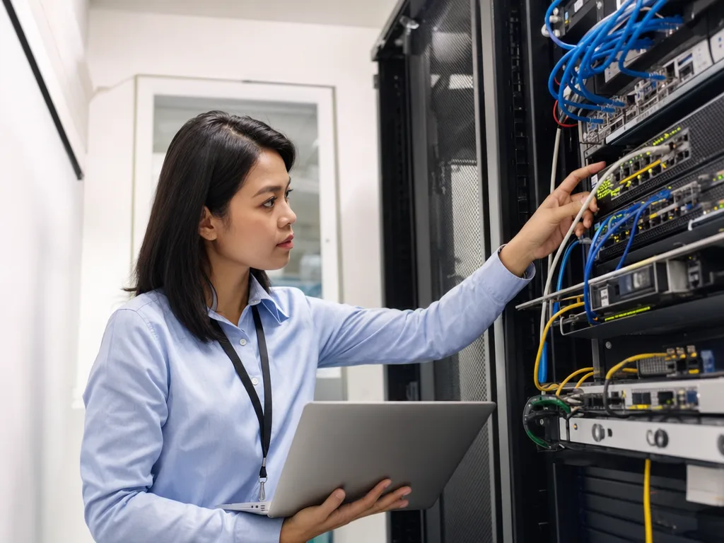 Engineer Mino Network melakukan pengecekan perangkat jaringan dengan laptop