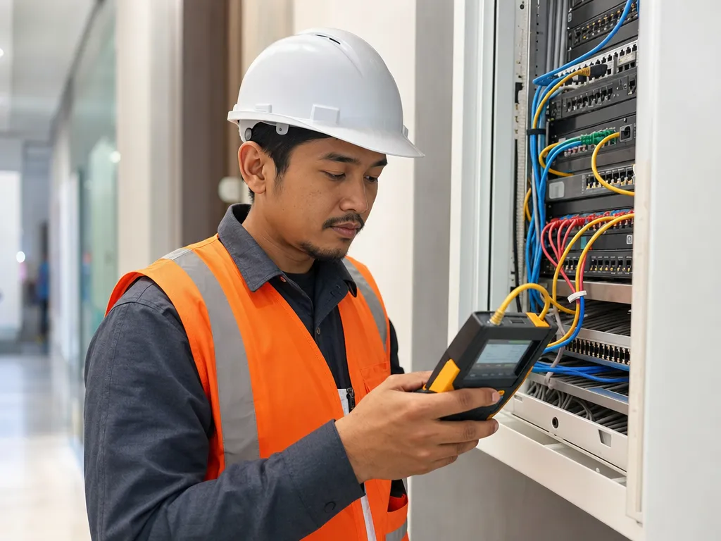 Pengecekan panel jaringan oleh teknisi ber-APD