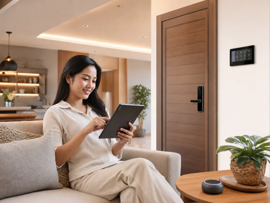 Penghuni rumah mengontrol perangkat smart home lewat tablet