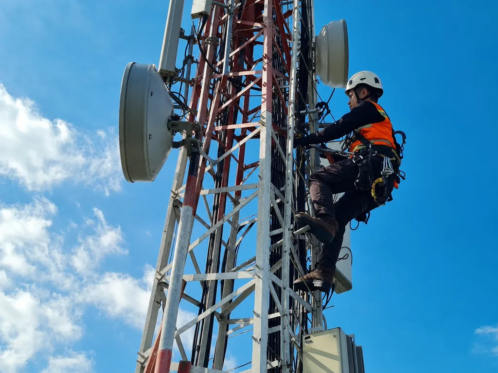 Teknisi ber-APD memasang perangkat di tower jaringan